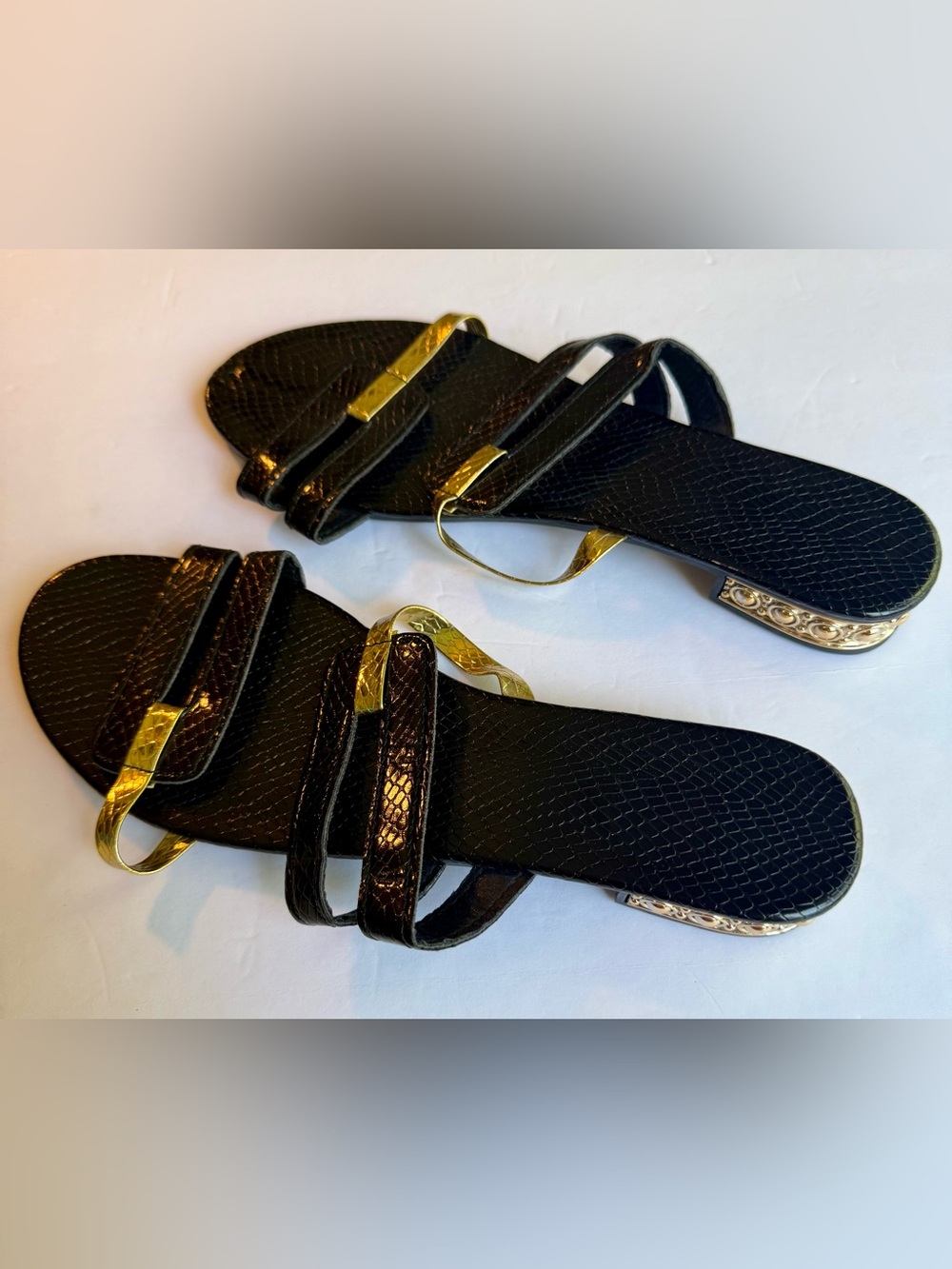 NWOT Black Textured Strap Sandals with Gold Accents